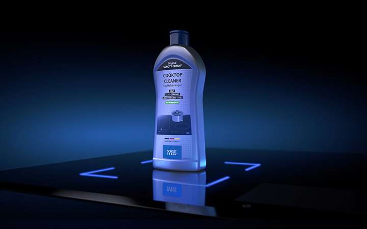 CERAN® cooktop cleaner 3D bottle on black glass-ceramic stage with blue LED