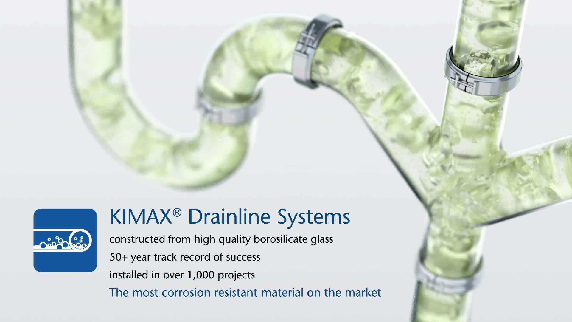 La animación muestra la resistencia a la corrosión de una línea de drenaje de vidrio KIMAX® en comparación con una polimérica.