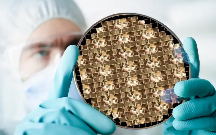 Laboratory technician holding fan-out wafer-level packaging with gloved hands