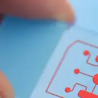 Hand holding an ultra-thin glass wafer with lab-on-a-chip system
