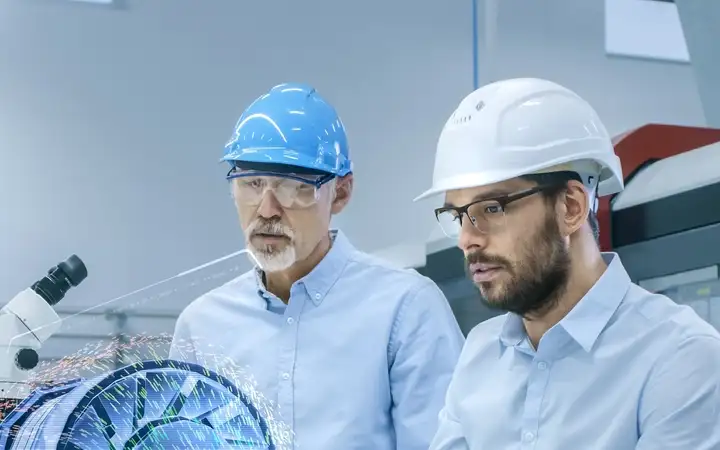 Dois homens em um laboratório olhando para uma imagem de realidade aumentada de equipamentos industriais