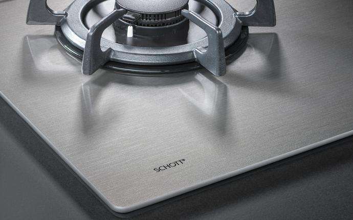 Glass gas hob with silver SCHOTT® MetalLook finish