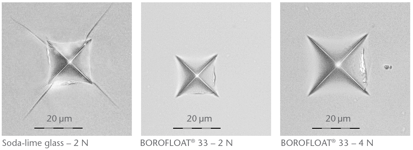 표준 소다석회 유리와 비교하여 변형에 저항하는 BOROFLOAT® 성능을 관찰하는 비커스 경도 테스트