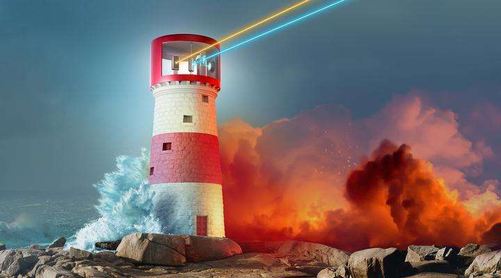 Illustration of a lighthouse between seawater and magma