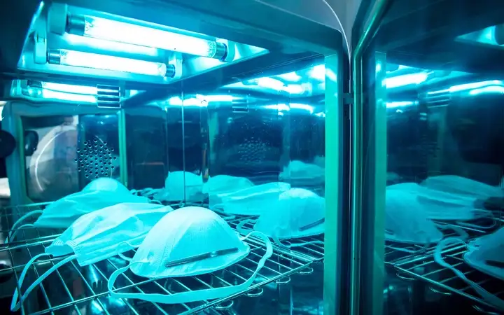 Face masks being sterilized by UV light