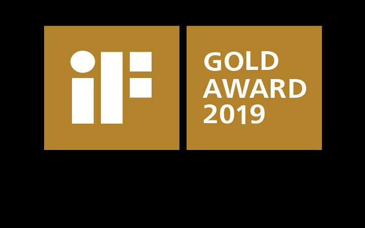 Logo made of two golden squares and typography with text: iF – Gold Award 2019