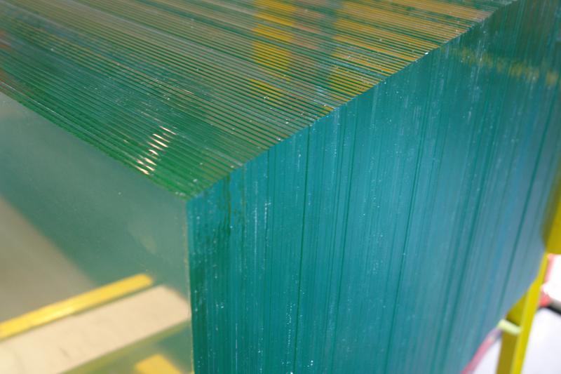 Row of stacked clear glass panels