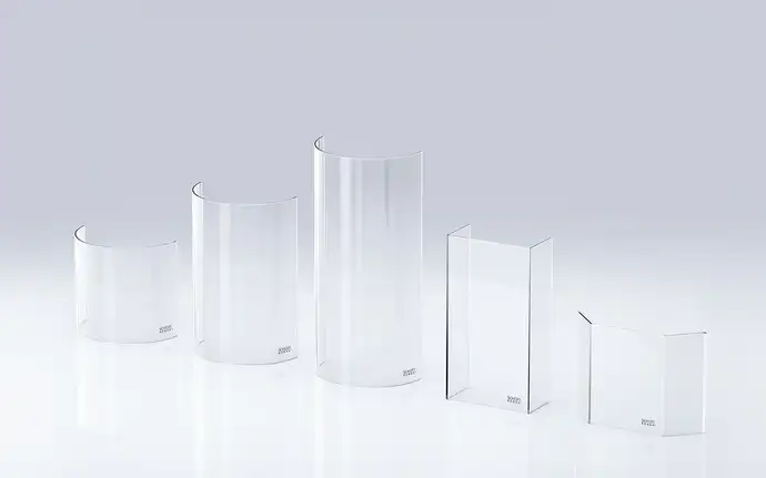 Five curved and angular bent transparent SCHOTT ROBAX® glass-ceramic panels for fireplaces and stoves