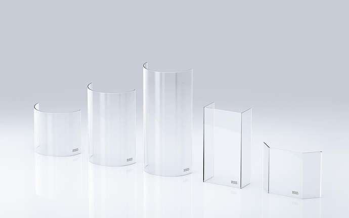 Five curved and angular bent transparent SCHOTT ROBAX® glass-ceramic panels for fireplaces and stoves