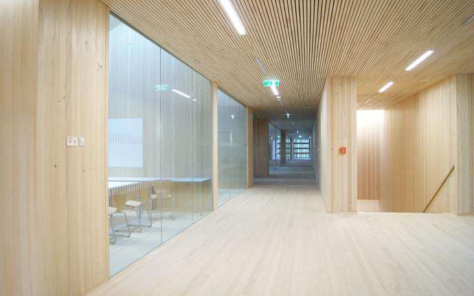 Internal corridor of an office building featuring conference room with glass wall