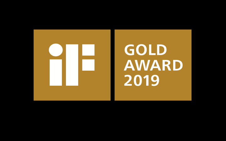 Logo with two rectangles and text inside: iF Gold Award 2019