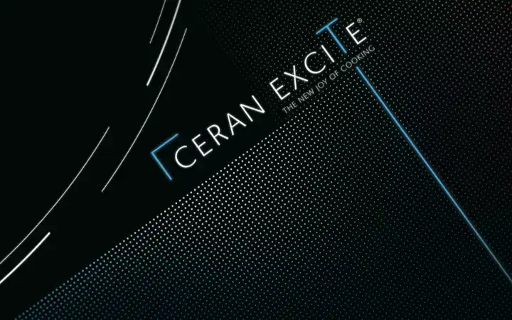 CERAN EXCITE® lettering on a black glass-ceramic surface, with graphic pattern in white