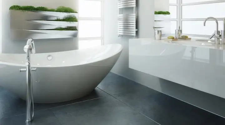 Modern white bathroom with free-standing bath