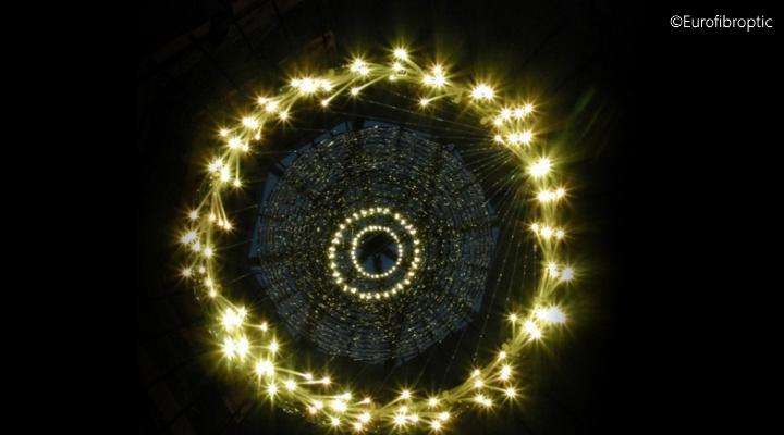 	A large circle of decorative fiber optic light guides illuminating a building
