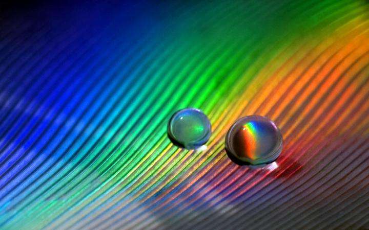 Two bubbles on a light spectrum reflecting the colors