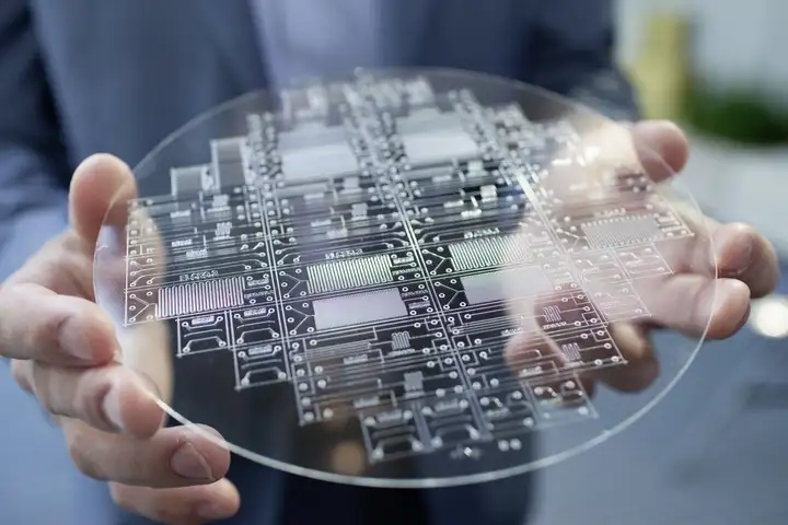 Man holding a circular glass wafer made with SCHOTT BOROFLOAT®