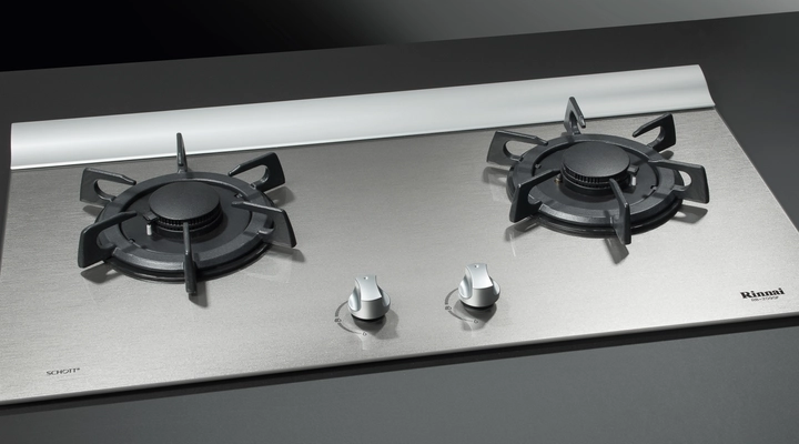 Two burner glass gas hob with silver SCHOTT® MetalLook finish