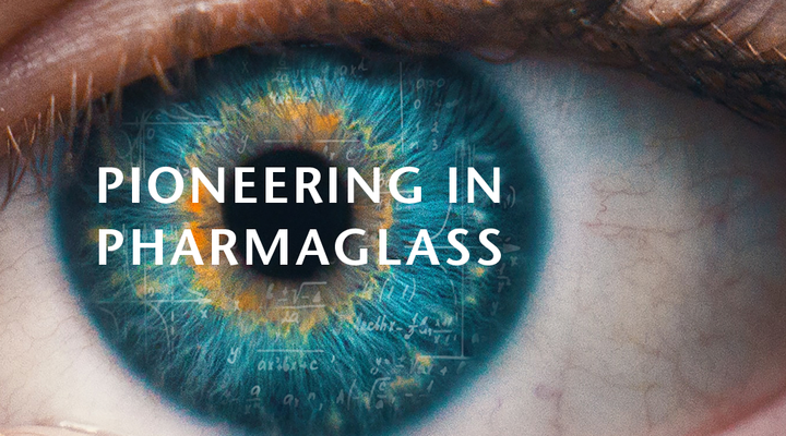 Human eye and a copy saying pioneering in pharmaglass and FIOLAX academy logo