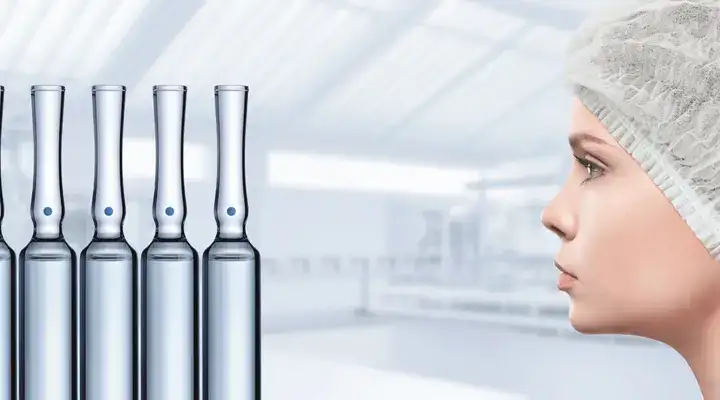 Woman staring at a line of clear pharmaceutical glass ampoules