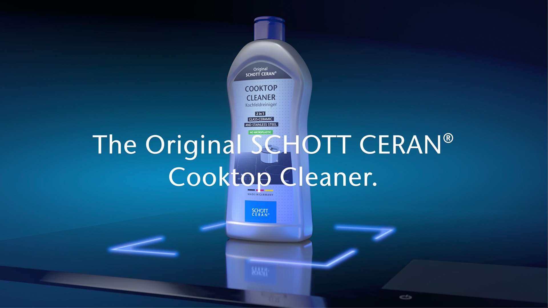 CERAN® cooktop cleaner bottle on black glass-ceramic with blue light