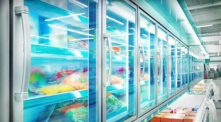 Line of freezer cabinets in a supermarket